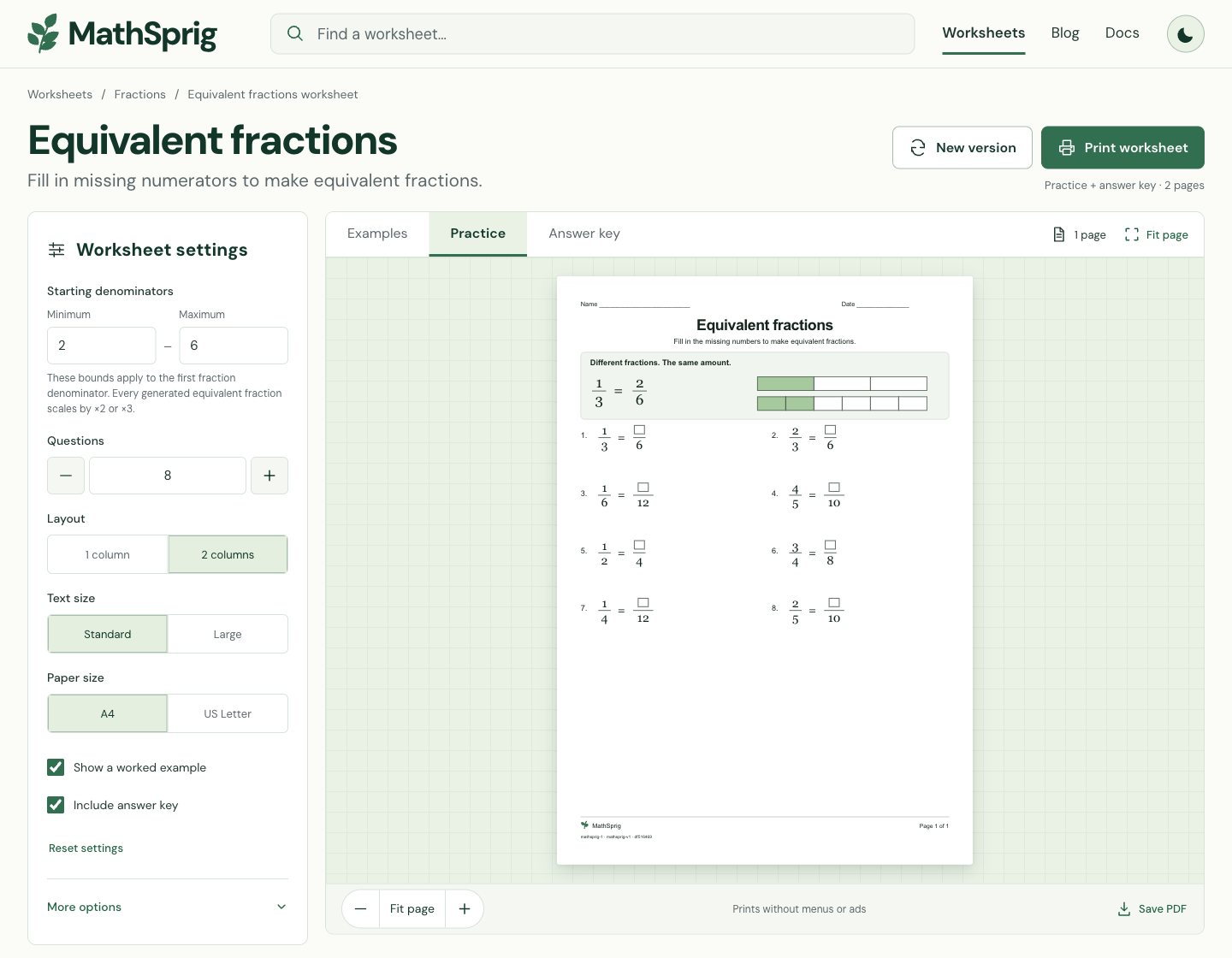 Equivalent fractions with eight questions, two columns and A4 selected beside the generated practice sheet.